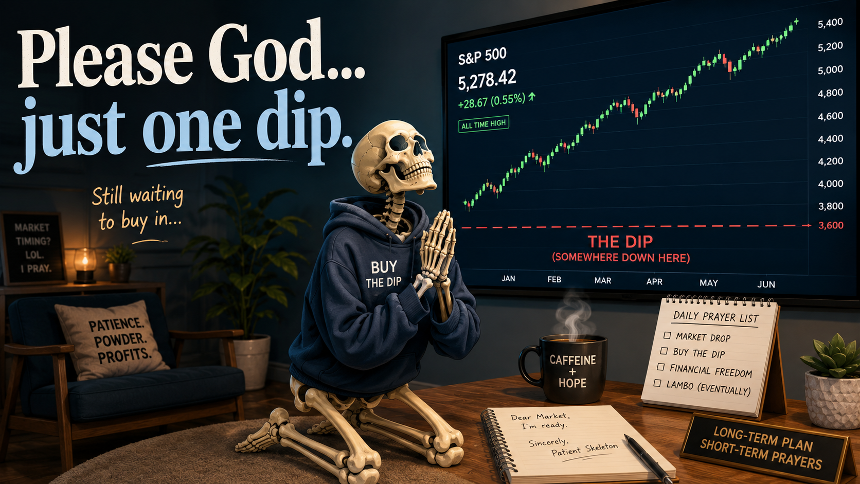 Skeleton praying for a market drop